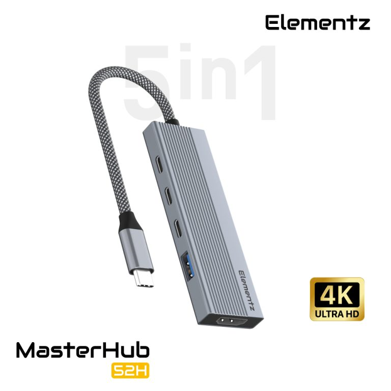 Elementz 52H 5in1 MultiPort Usb-C Hub w/HDMI, Usb-A, 2xUsb-C, PD100W #MF-52H