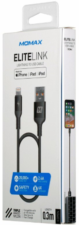 MOMAX Elite Link Lightning to USB-A MFI Triple Braided Cable 0.3m (Grey) #DL12D