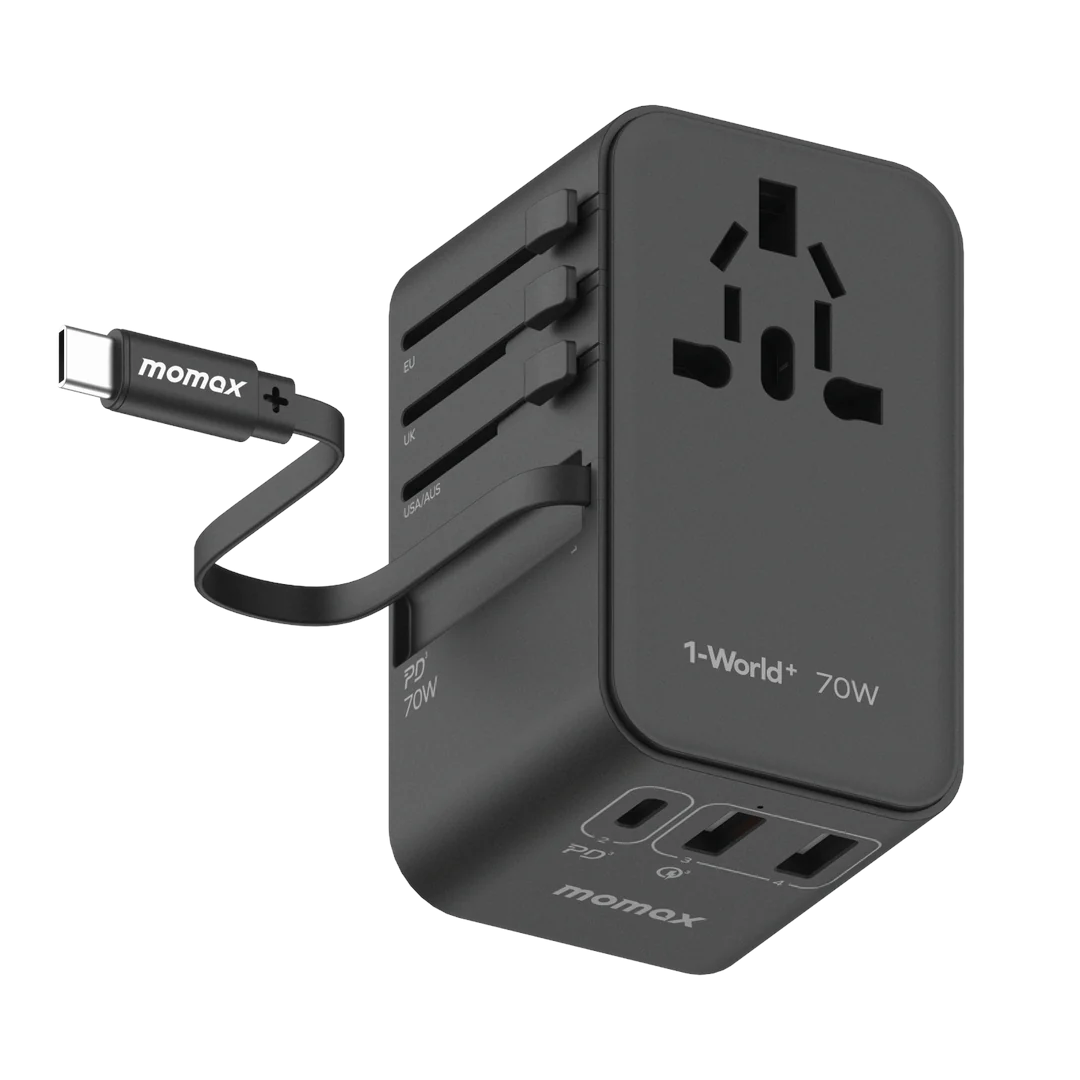 MOMAX 1-World+ 70W GaN 3插口及內置伸縮USB-C充電線旅行插座 (黑色)  #UA18UKD