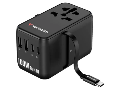 Verbatim GaN3 Charge 'n' Travel Usb Charger w/Cable (100W, 4port, 2xUsb-A, 2xTypeC, Black) #30185