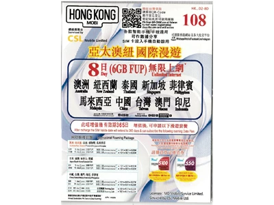 HK Mobile 亞太澳紐 8天 6GB-Data 4G Travel Sim Card