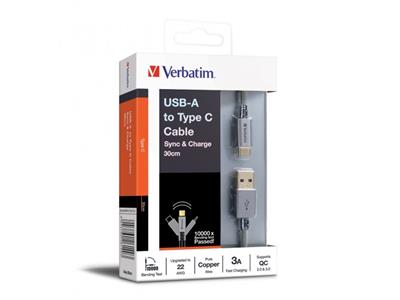 Verbatim 1ft/0.3metre Usb-A to Type-C w/Nylon 22AWG (Grey)