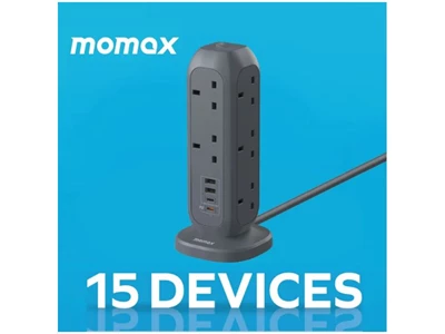 MOMAX OnePlug 6.6ft/2metre 11Head Power Extension Socket w/2xUsb-A, 2xTypeC (Black) #Us11UKE