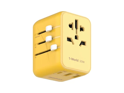 MOMAX 1-World Travel Usb Charger (20W, 3port, PD, 2xUsb-A, TypeC, Yellow) #UA11UKY