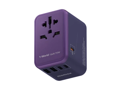 MOMAX 1-World GaN Travel Charger (70W, 5port, PD, 2xUsb-A, 2xTypeC, Purple) #UA8AUKU