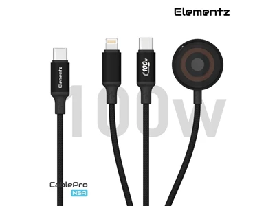 Elementz 5ft/1.5metre Usb-C to Usb-C+Lightning w/Watch Charge Cable PD (100W) (Black) #N5A-12(BK)