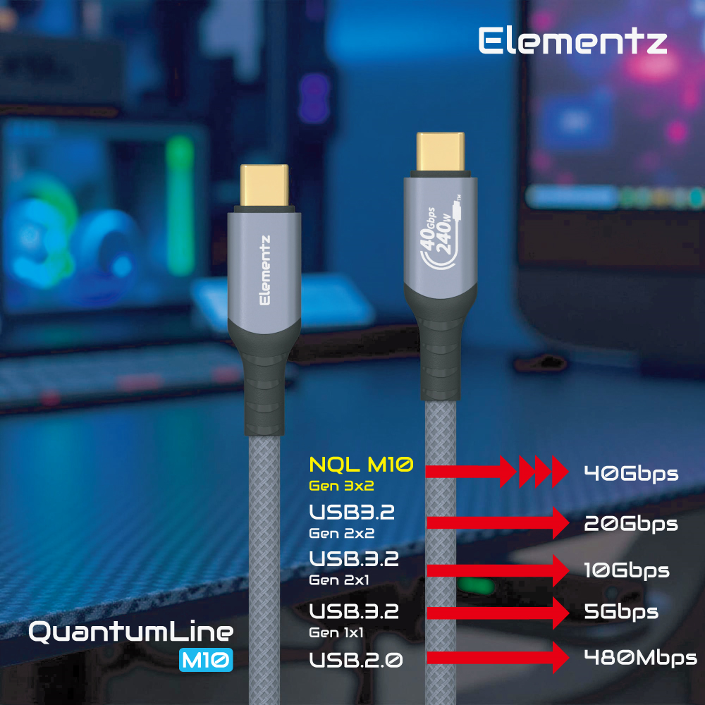 Elementz QuantumLine 2米 Usb-C to Usb-C USB 4 連接線 (灰色) #NQL-M10-200