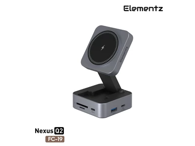 Elementz NexusQ2 MultiPort Usb-C Hub w/HDMI, Usb-A, Usb-C, GigaLan, SD+microSD-slot, PD100W, 15W Qi2 Charger #FC-19gY