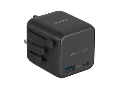 MOMAX 1-World2 Travel Usb Charger (20W, 2port, Usb-A, Usb-C, PD, Black) #UA29UKD