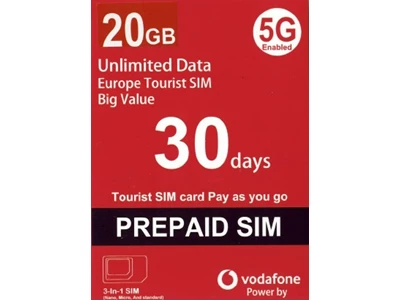 Vodafone 5G 歐洲45國家* 30天 20GB-Data Travel Prepaid Sim Card