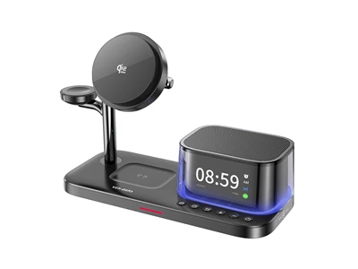 Ven-Dens Qi2(25W) 5in1 Magnetic Wireless Charger Stand w/Clock & Speaker #VD-WLC024-Black