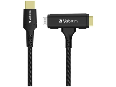 Verbatim 4ft/1.2metre Usb-C to Usb-C+Lightning Usb Cable DuPont™Kelvar - MFi Certified (Black) #66974