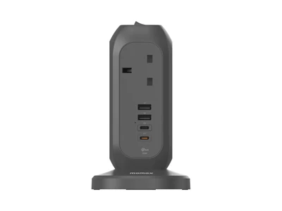 MOMAX OnePlug Tower 35W 6.6ft/2metre 7Head Power Extension Socket w/2xUsb-A, 2xUSb-C (Black) #US18AUKE