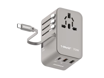 MOMAX 1-World+ 70W GaN 3插口及內置伸縮USB-C充電線旅行插座 (灰色) #UA18UKE