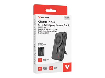 Verbatim Charge'n'Go 10000mAh 雙線LED 無線磁吸行動電源 (黑色) #32280 (QR,CCC)