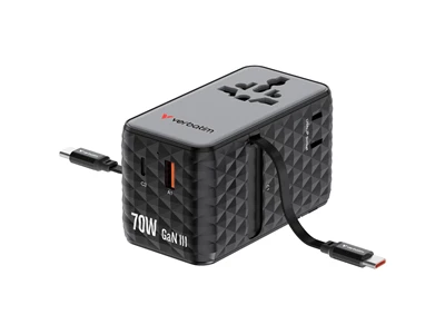 Verbatim Charge'n'Travel Diamond GaN Usb Charger w/Dual Usb-C cable (70W, 4port, 1xUsb-A, 3xTypeC, Black) #30186