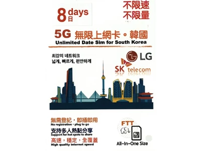 FTT 5G_Korea 8-Days Unlimited-Data Travel Prepaid Sim Card