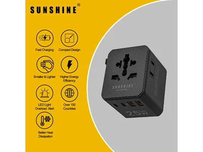 SunShine GaN 25W 4位 USB-A + USB-C 旅行充電插座 (黑色) #TRD-25BK