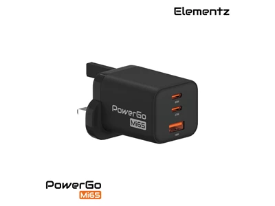 Elementz PowerGo Mi65 GaN Usb Charger (65W, 3port, Usb-A, 2xUsb-C,Black) #PD-MI65BK