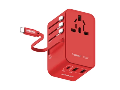 MOMAX 1-World+ 70W GaN 3插口及內置伸縮USB-C充電線旅行插座 (紅色) #UA18UKR