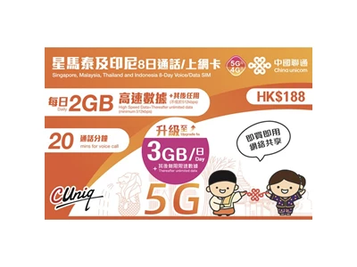 中國聯通 5G 星馬泰及印尼 8天 每日3GB 數據上網卡 #4895100800157