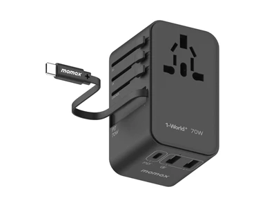 MOMAX 1-World+ 70W GaN 3插口及內置伸縮USB-C充電線旅行插座 (黑色)  #UA18UKD
