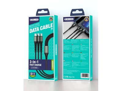 Jellico B11 4ft/1.2metre Usb-A to Micro-Usb+Type-C+Lightning Usb3.1 Cable (Black)